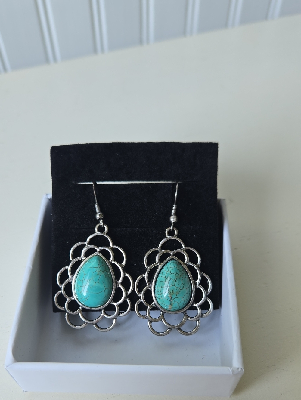 Turquoise Teardrop Filigree Dangle Earrings - Women Jewelry